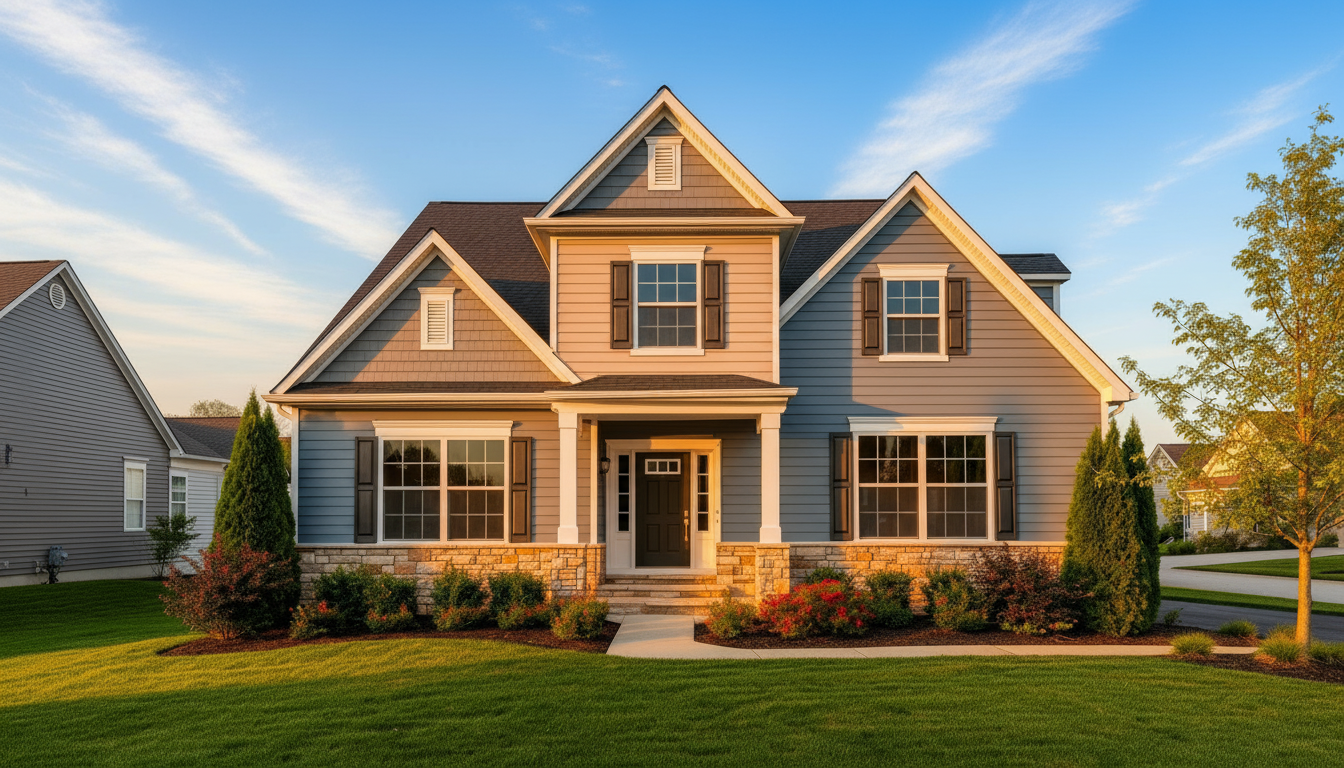 Suburban American home with modern vinyl siding — used as homepage hero background.