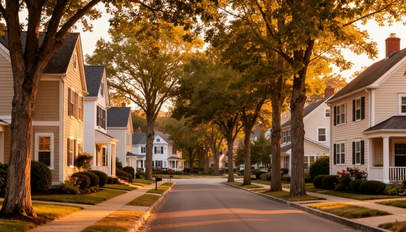 Residential neighborhood with mixed siding styles — used on city and zip-level pages.