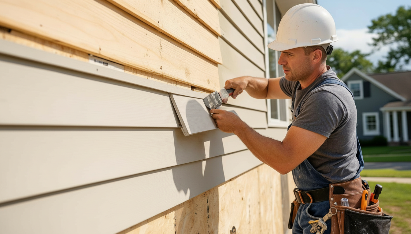 Professional siding installation in progress — close-up of a contractor installing horizontal lap siding.