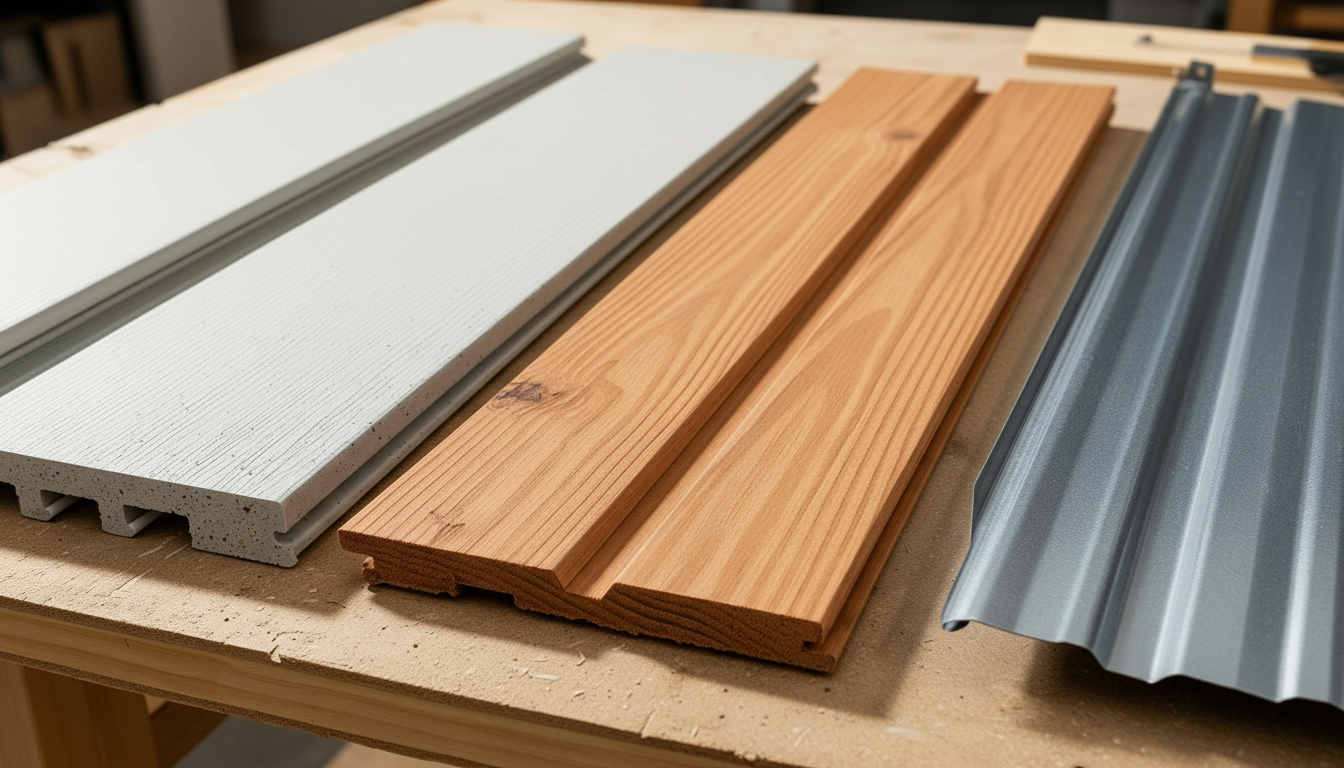 Siding material samples — vinyl, fiber cement, cedar, and engineered wood side by side.